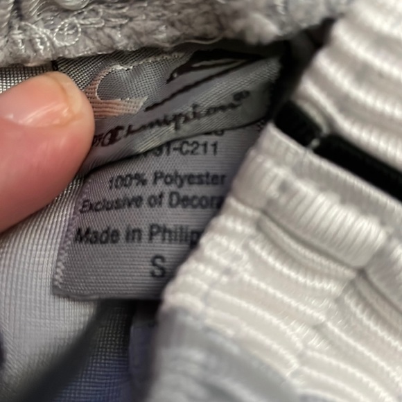 Mens size small silver Champion brand shorts with white strip and black piping. - Picture 4 of 9